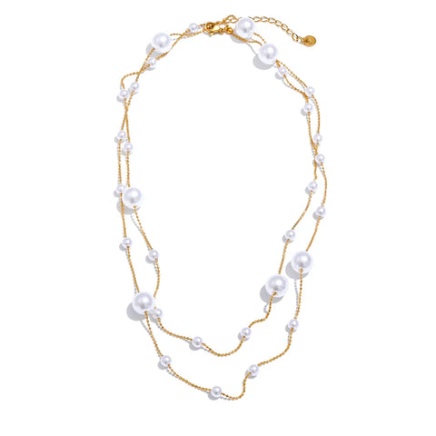 Ocean Whisper Double-Layer Pearl Necklace-layered pearl chain necklace-shellnecklace-shell jewelry-gold necklace-