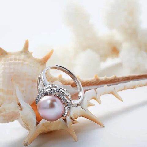 conch shell with pink Ocean blossom pearl ring-sterling silver pearl ring-silver pearl ring