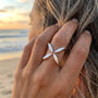 Hand with a silver ring featuring a star design on a beach at sunset.