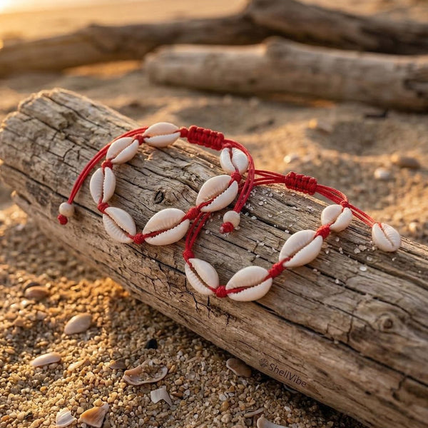 Cowrie shell bracelet on a piece of driftwood with a beach background