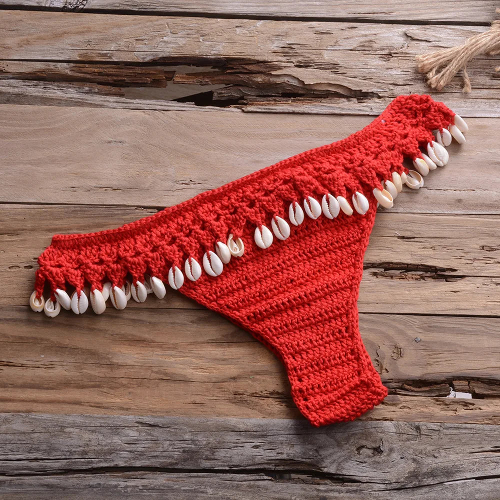 Crochet Shell Trim Bikini Set with Halter Top and Mid-Waist Bottoms
