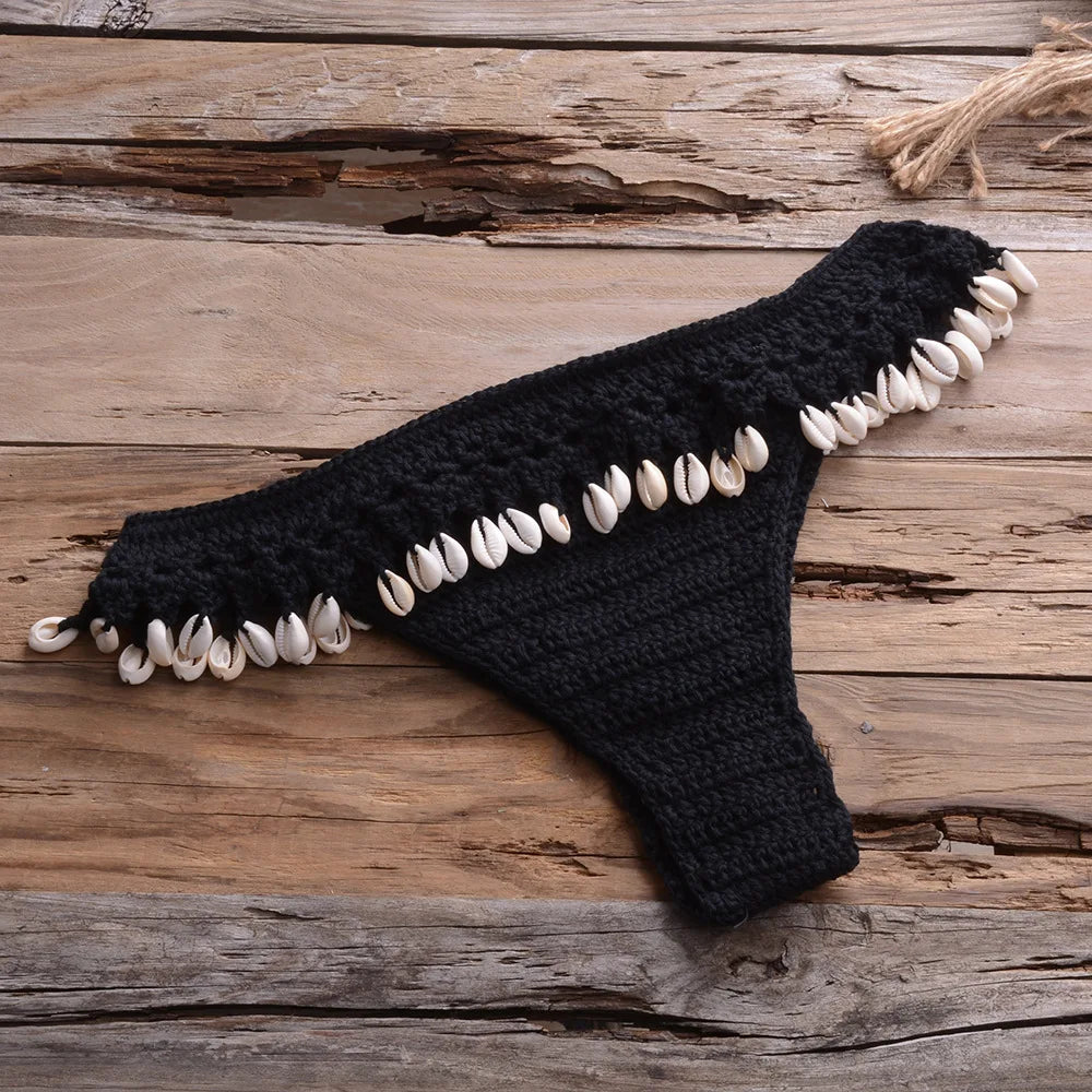 Crochet Shell Trim Bikini Set with Halter Top and Mid-Waist Bottoms