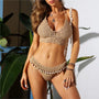 Crochet Shell Trim Bikini Set with Halter Top and Mid-Waist Bottoms