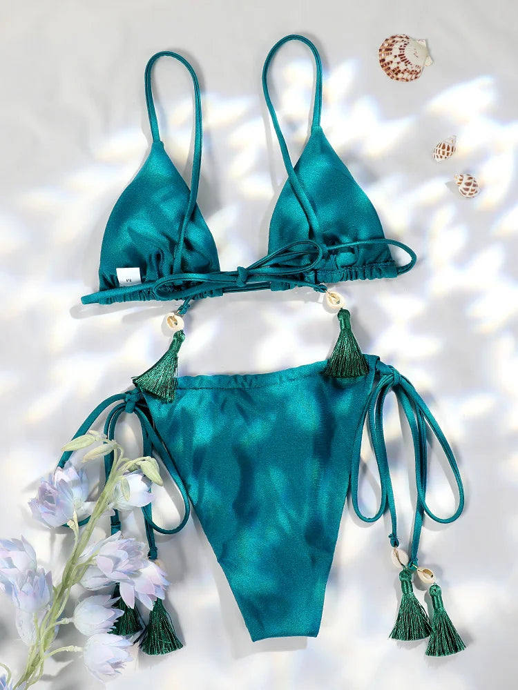 Sexy Shell Tassel Micro Bikini Set with Adjustable Triangle Top