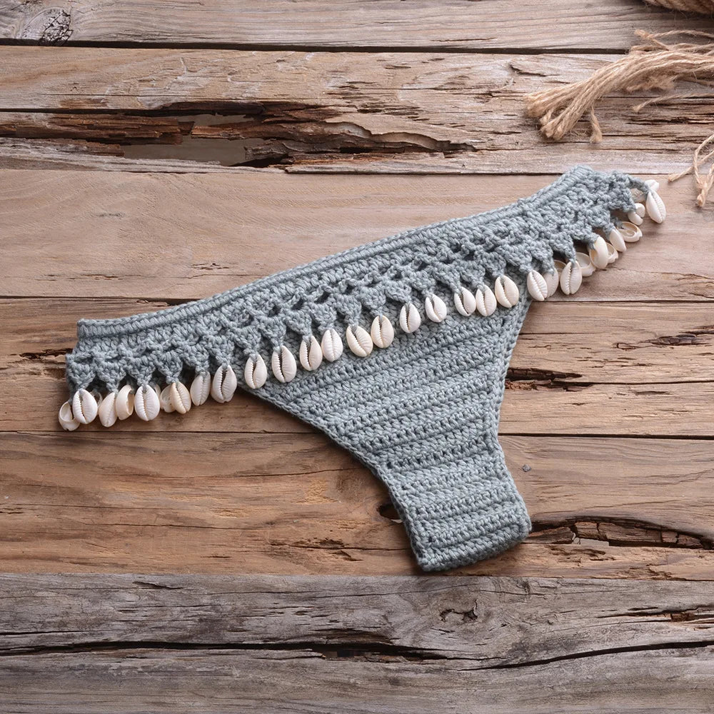 Crochet Shell Trim Bikini Set with Halter Top and Mid-Waist Bottoms