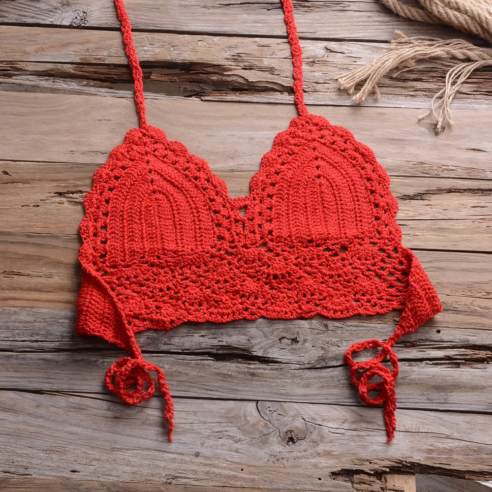 Crochet Shell Trim Bikini Set with Halter Top and Mid-Waist Bottoms