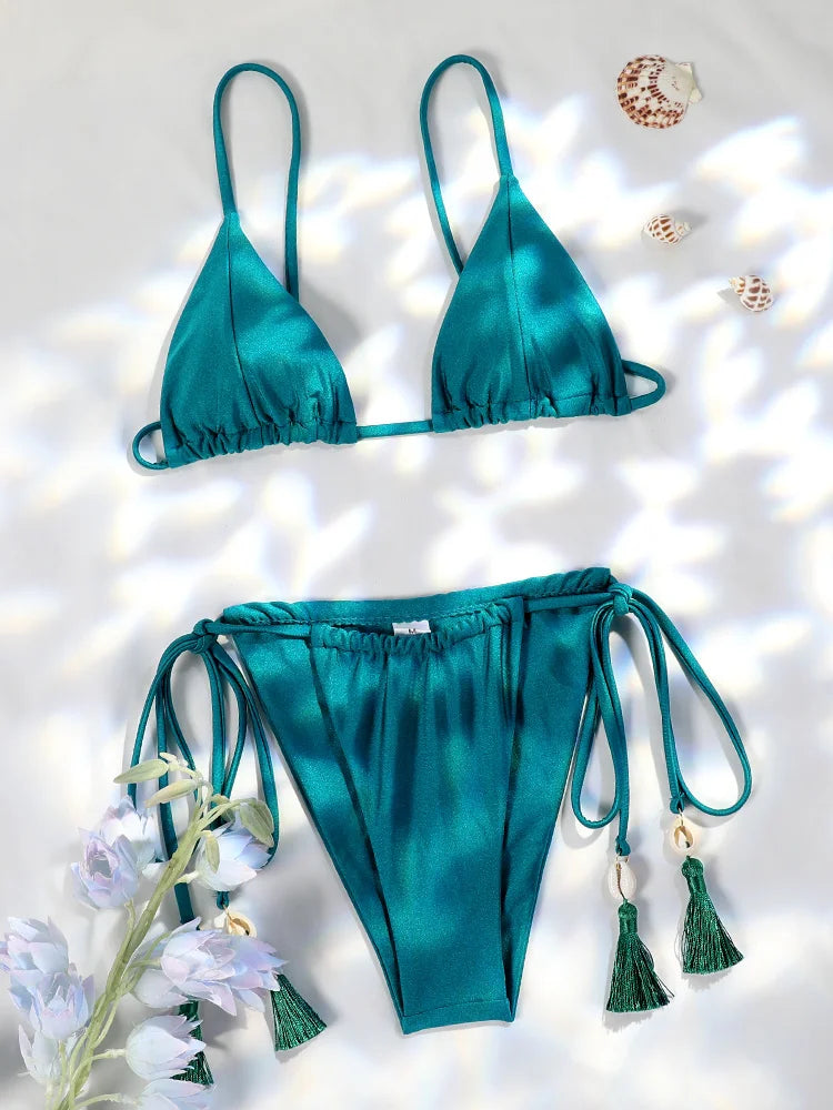 Sexy Shell Tassel Micro Bikini Set with Adjustable Triangle Top