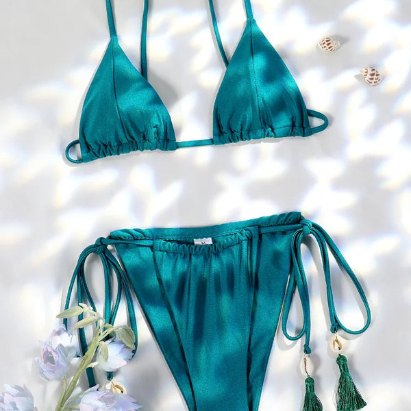 Sexy Shell Tassel Micro Bikini Set with Adjustable Triangle Top