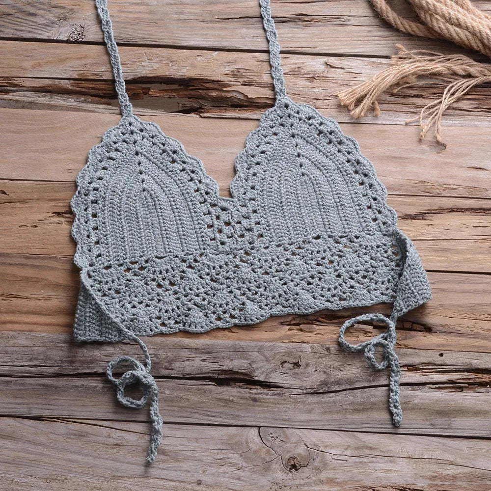 Crochet Shell Trim Bikini Set with Halter Top and Mid-Waist Bottoms