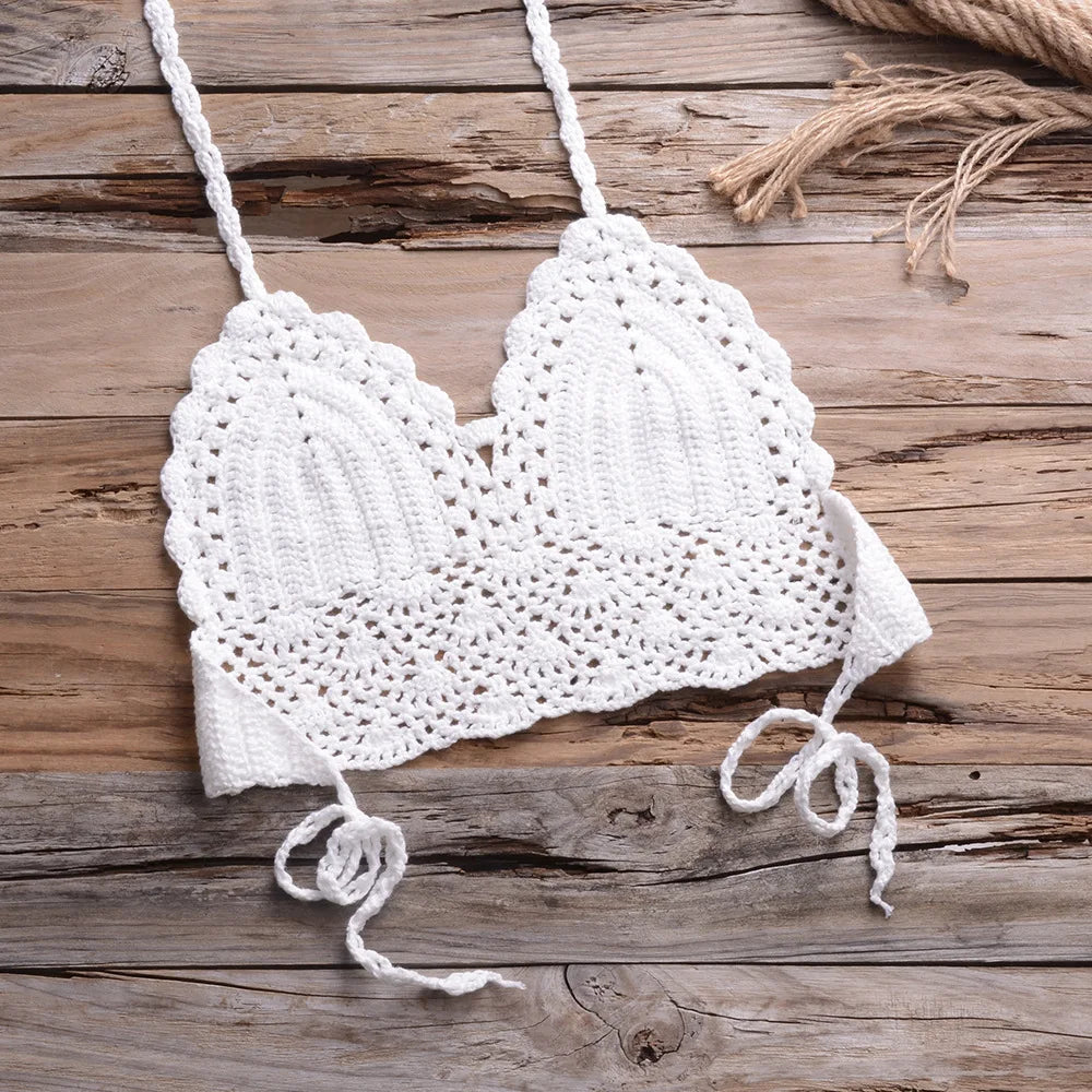 Crochet Shell Trim Bikini Set with Halter Top and Mid-Waist Bottoms