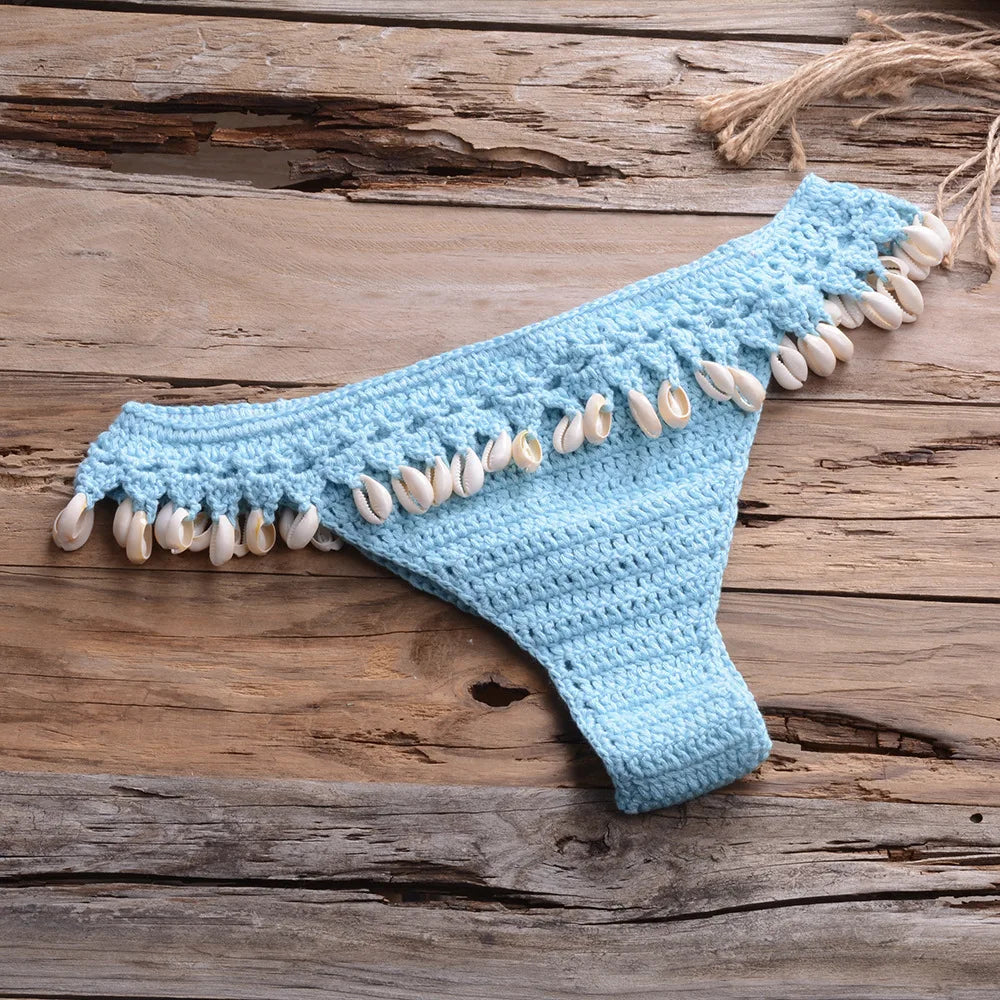 Crochet Shell Trim Bikini Set with Halter Top and Mid-Waist Bottoms