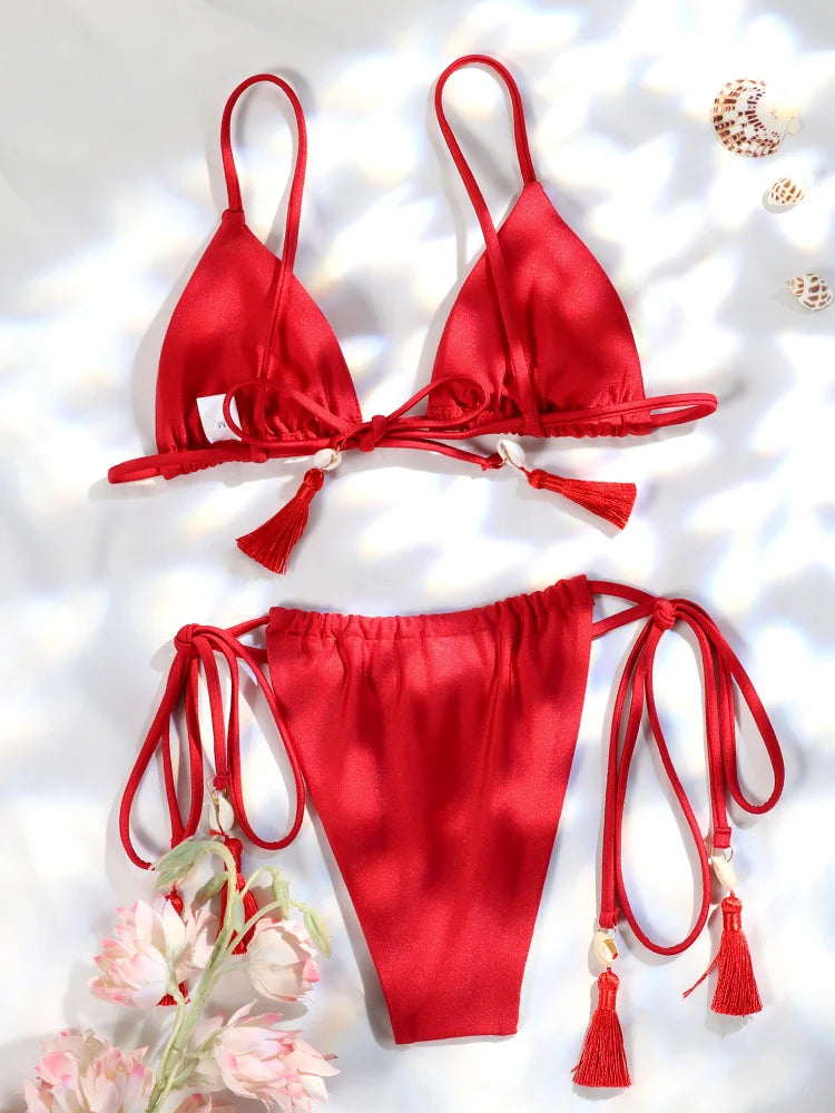 Sexy Shell Tassel Micro Bikini Set with Adjustable Triangle Top