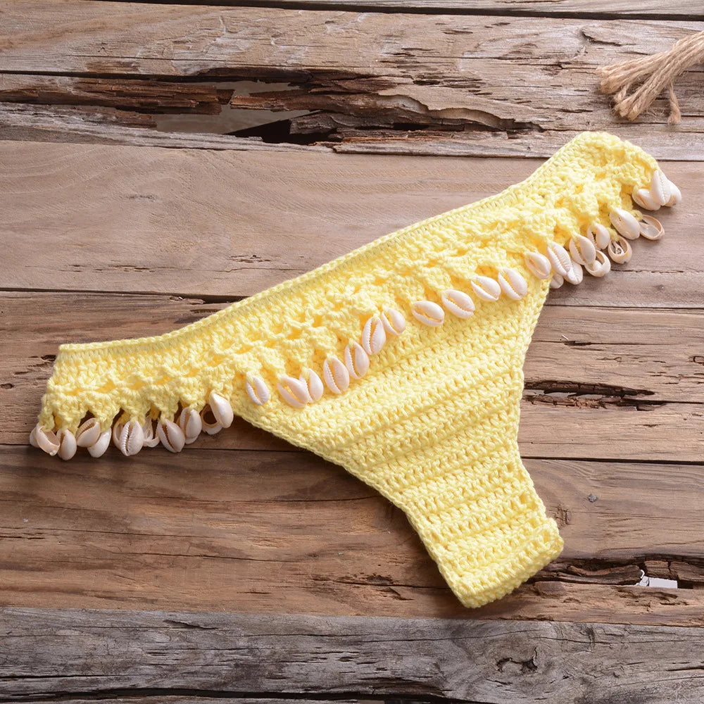 Crochet Shell Trim Bikini Set with Halter Top and Mid-Waist Bottoms