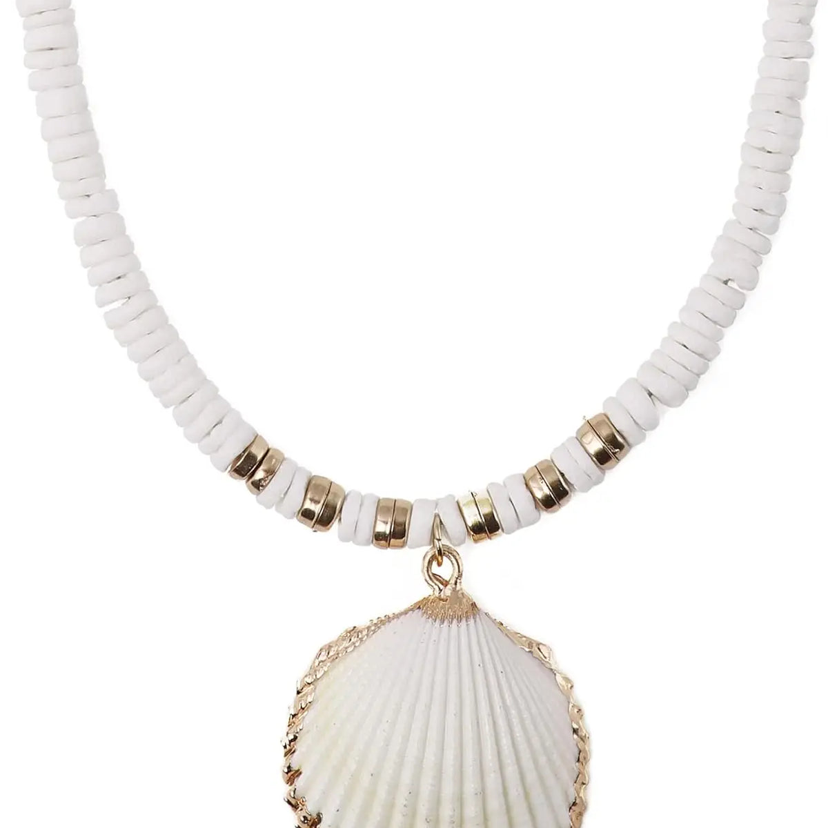 Necklace with white shell pendant and beaded chain on a white background