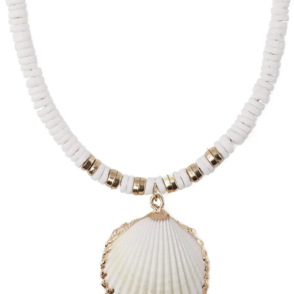 Necklace with white shell pendant and beaded chain on a white background