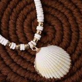 white shell on beaded necklace on brown textured surface