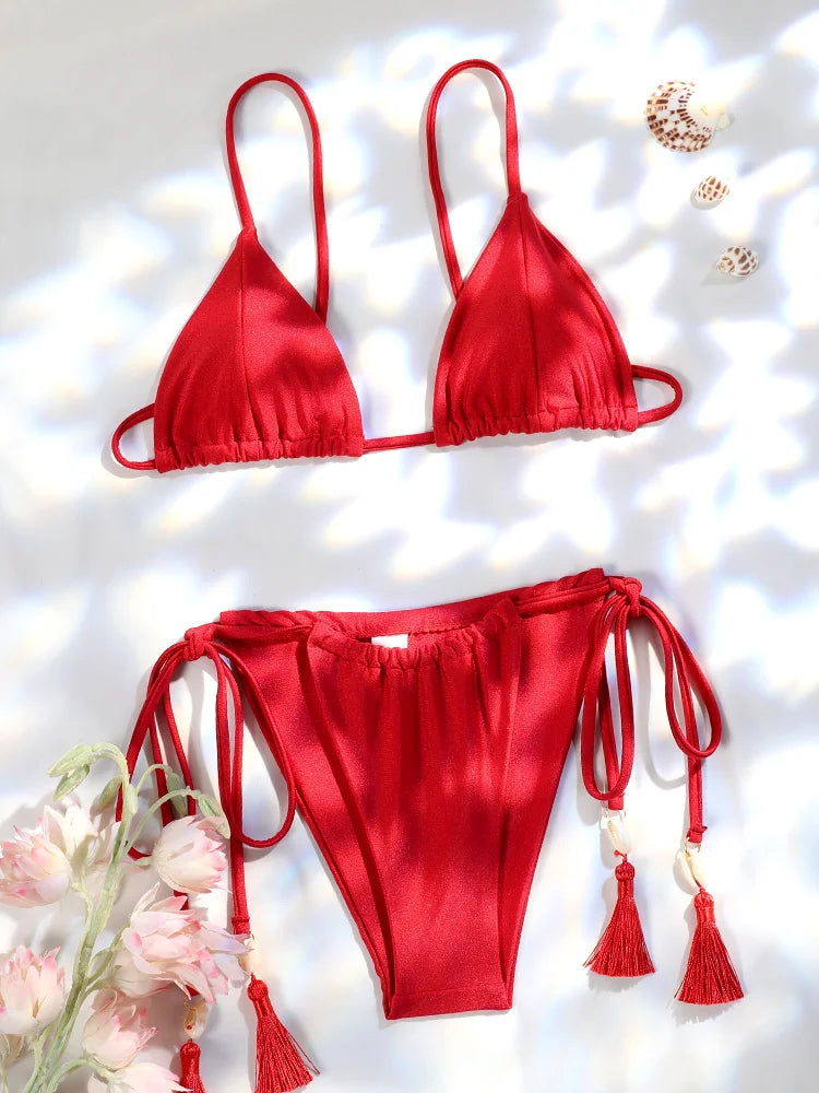 Sexy Shell Tassel Micro Bikini Set with Adjustable Triangle Top