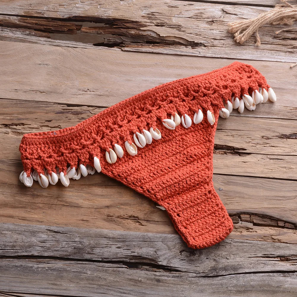 Crochet Shell Trim Bikini Set with Halter Top and Mid-Waist Bottoms