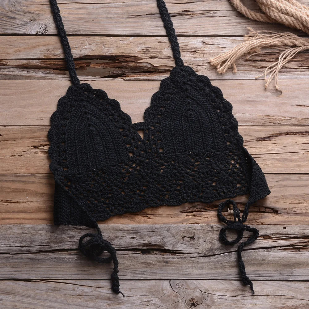 Crochet Shell Trim Bikini Set with Halter Top and Mid-Waist Bottoms