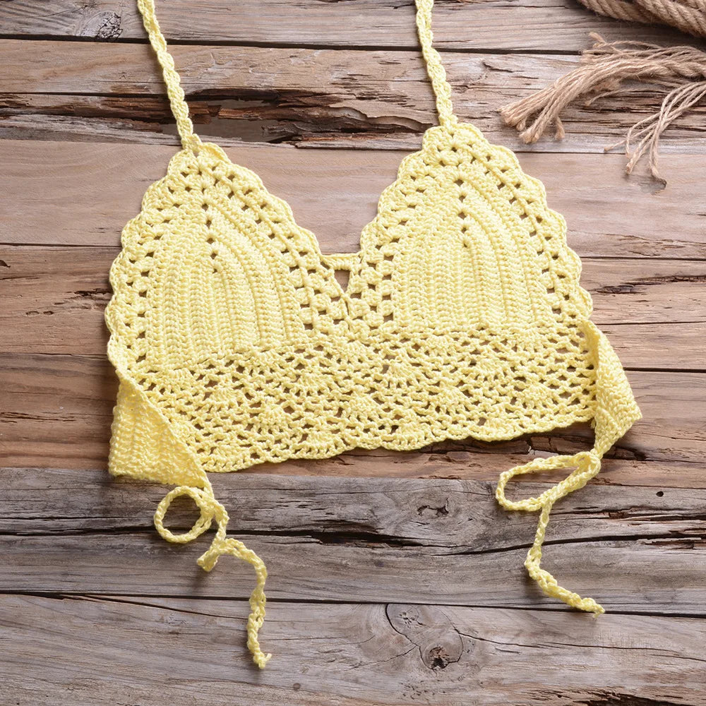 Crochet Shell Trim Bikini Set with Halter Top and Mid-Waist Bottoms