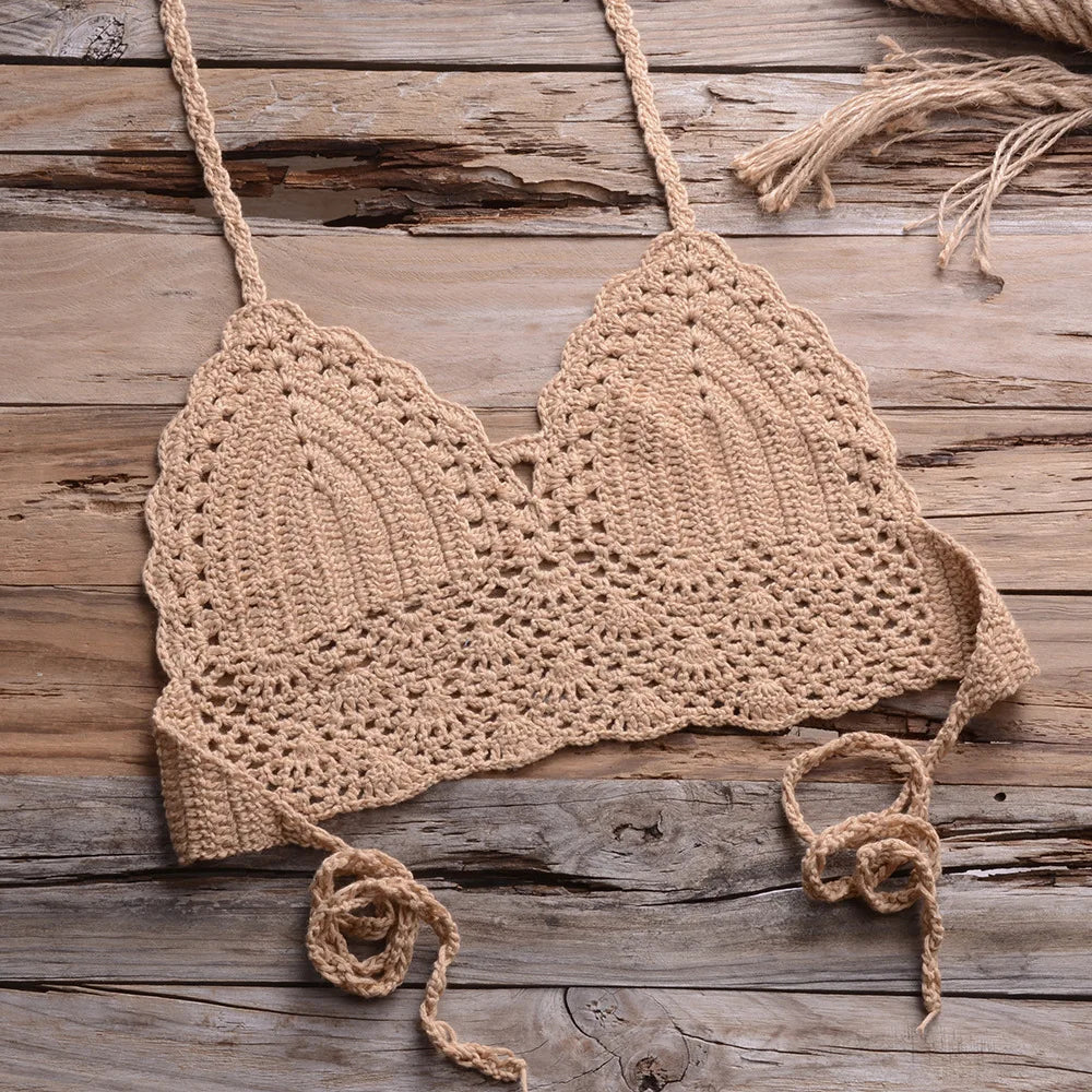 Crochet Shell Trim Bikini Set with Halter Top and Mid-Waist Bottoms