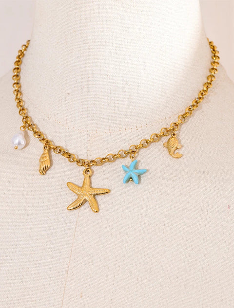 Starfish & Conch Charm Necklaces-shell bracelet-shell jewelry-turquoise bracelet-chain bracelet-beach style-bohemian jewelry-boho style-shell necklaces