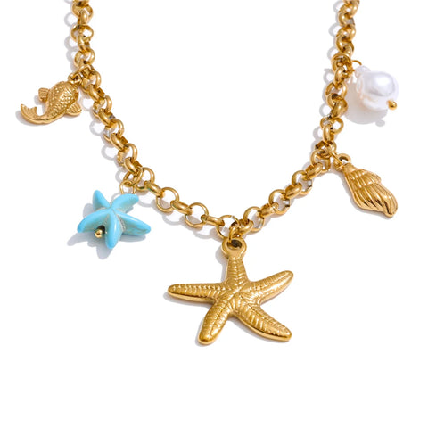 Starfish & Conch Charm Necklaces-shell bracelet-shell jewelry-turquoise bracelet-chain bracelet-beach style-bohemian jewelry-boho style-shell necklaces