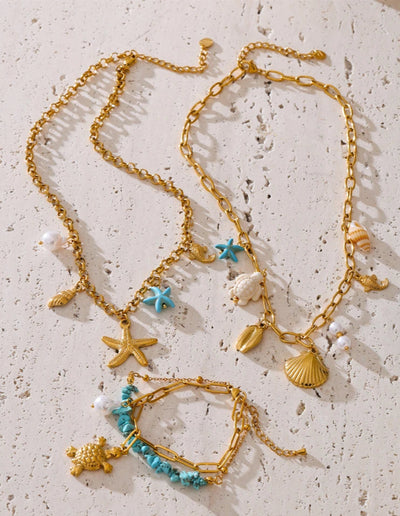 Starfish & Conch Charm Necklaces-shell bracelet-shell jewelry-turquoise bracelet-chain bracelet-beach style-bohemian jewelry-boho style-shell necklaces