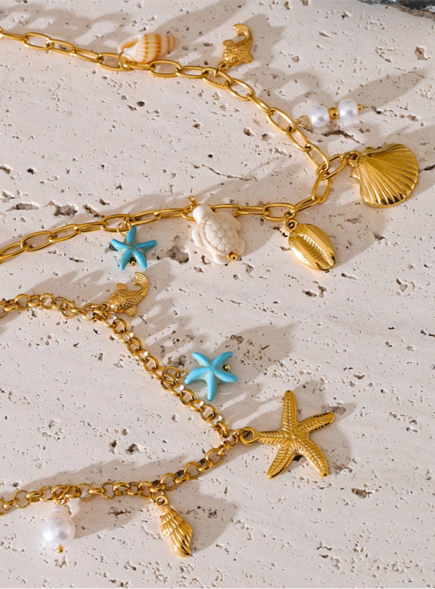 Starfish & Conch Charm Necklaces-shell bracelet-shell jewelry-turquoise bracelet-chain bracelet-beach style-bohemian jewelry-boho style-shell necklaces
