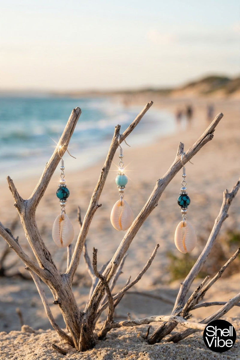 Cowrie Shell and bead earrings hanging from branches on a beach