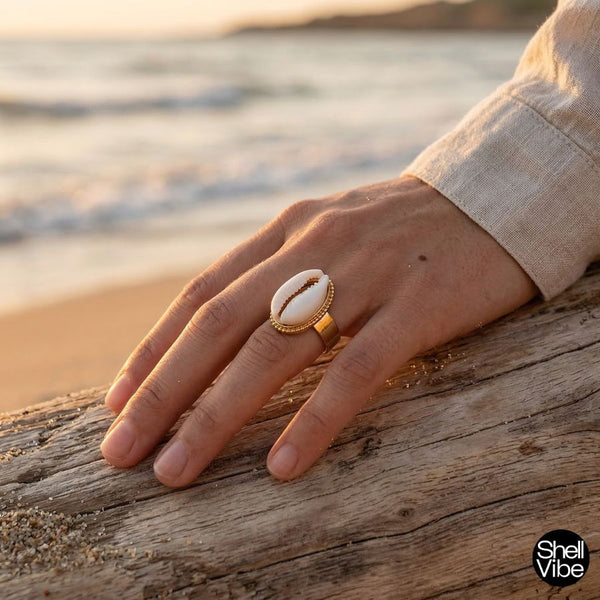 Hand wearing a golden cowrie shell ring on a wooden log by the beach