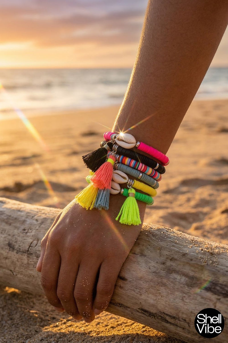 Colorful bracelets with tassels on a wrist against a beach sunset background
