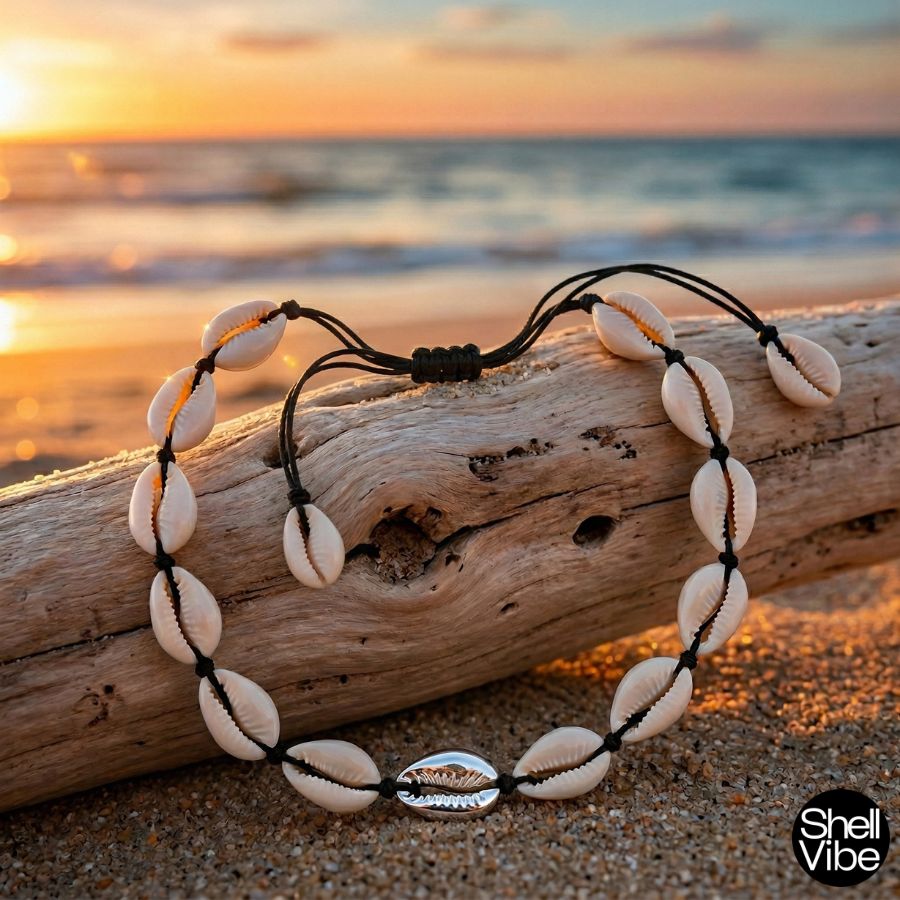 Cowrie shell necklace on a piece of driftwood with a sunset beach background