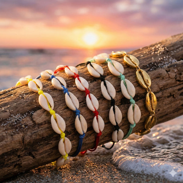 Shell bracelets on a log with a sunset over water background