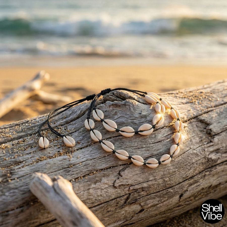 Black cord cowrie shell necklace and  bracelet on a piece of driftwood with ocean in the background