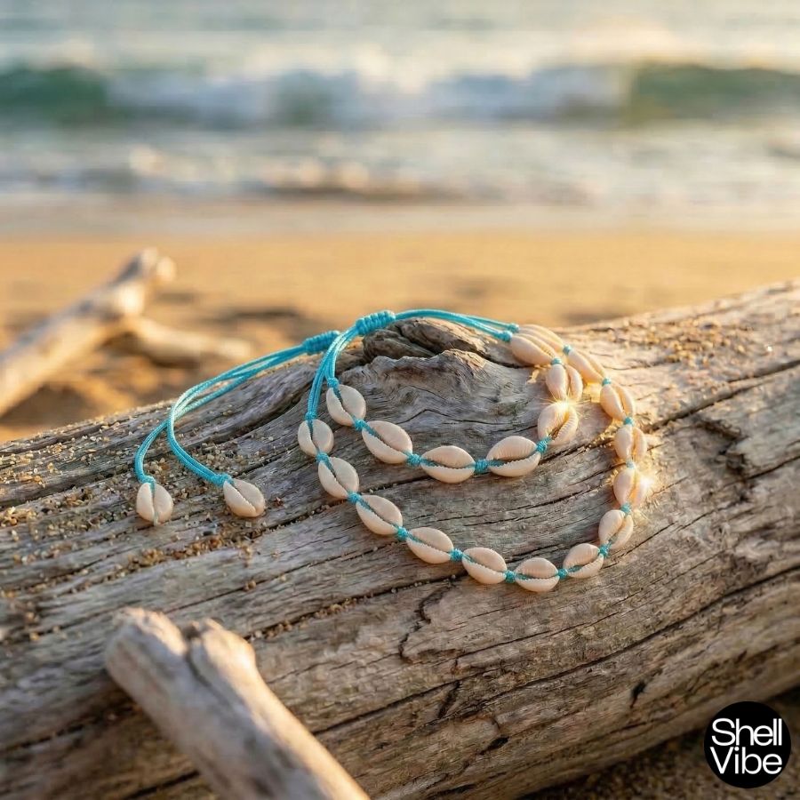 Blue cord cowrie shell necklace and  bracelet on a piece of driftwood with ocean in the background