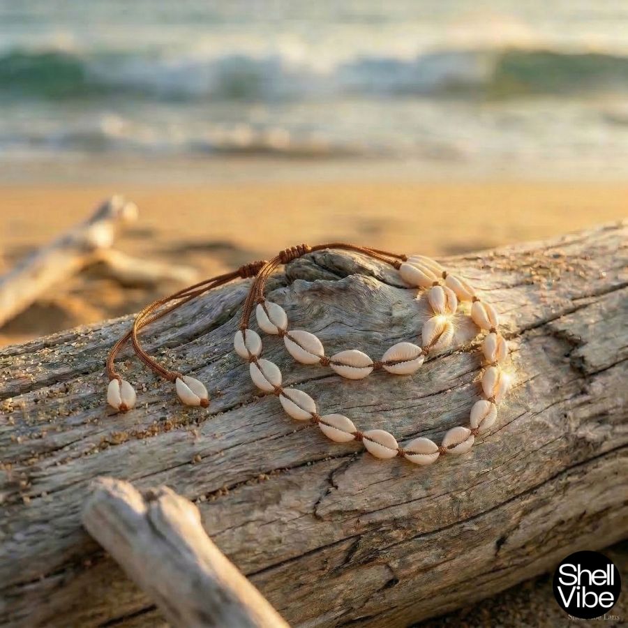 Brown cord cowrie shell necklace and  bracelet on a piece of driftwood with ocean in the background