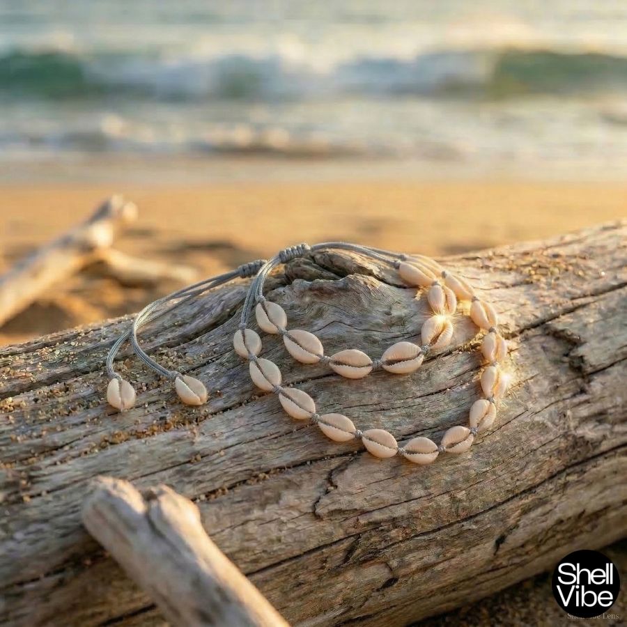 Grey cord cowrie shell necklace and  bracelet on a piece of driftwood with ocean in the background