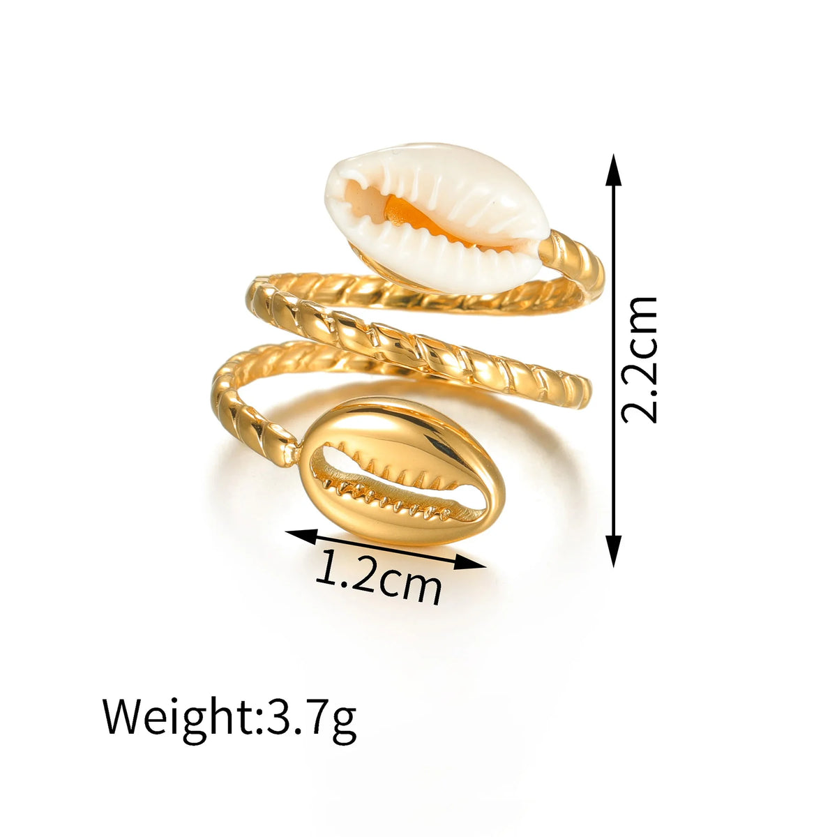 Gold shell ring with measurements and weight on a white background