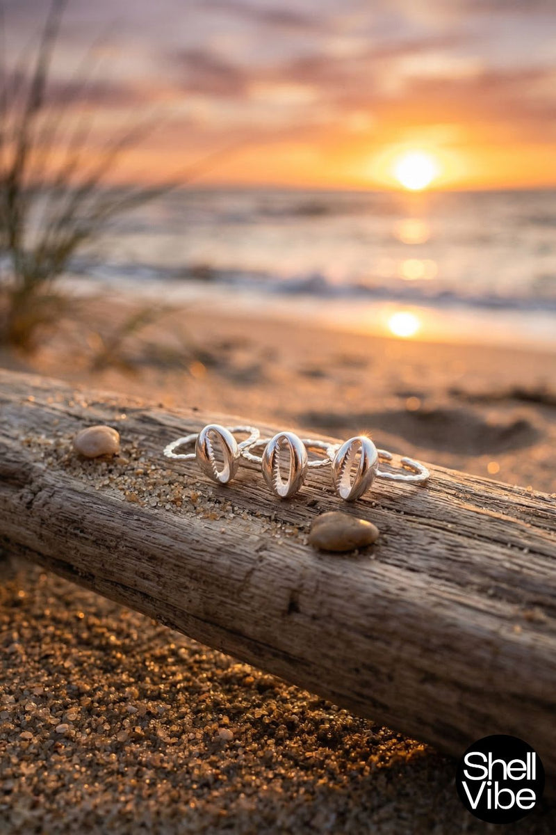 Sterling silver cowrie rings on a wooden log with a sunset over water in the background