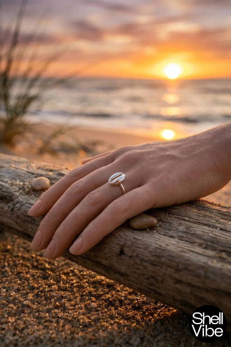 Hand wearing a sterling silver cowrie shell ring on a beach with a sunset in the background