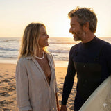 Man in a wetsuit and woman in a light jacket wearing a white choker puka shell neclace standing on a beach with ocean in the background. 