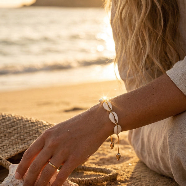 Woman sitting on a beach at sunset, wearing a cowrie shell bracelet.