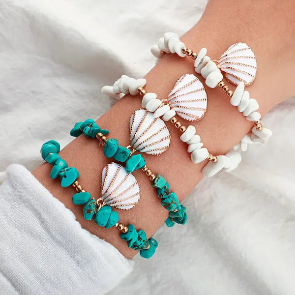 Boho Shell Beaded Bracelets-turquoise bracelets-shell bracelets-scalop shell bracelets-shell jewelry