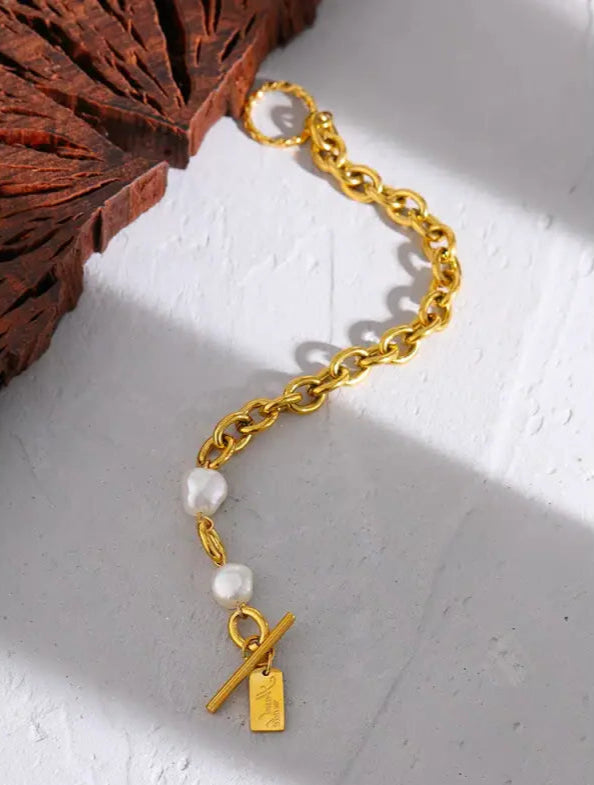 Charm Pearl Link Bracelet--pearl bracelet-shell bracelet-shell jewelry-boho chic bracelet