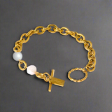 Charm Pearl Link Bracelet--pearl bracelet-shell bracelet-shell jewelry-boho chic bracelet