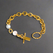 Charm Pearl Link Bracelet--pearl bracelet-shell bracelet-shell jewelry-boho chic bracelet