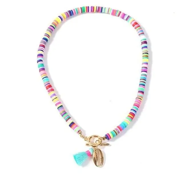 Colorful Pearls and Shell Necklace - Blue