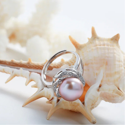 conch shell with pink Ocean blossom pearl ring-sterling silver pearl ring-silver pearl ring