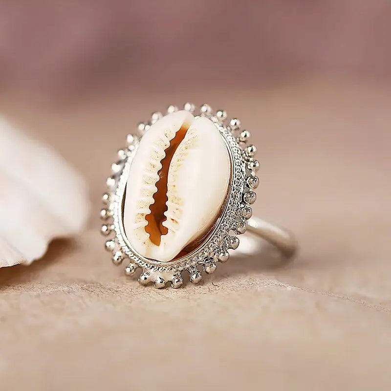 cowrie-halo-bead-ring-cowrie ring-shell ring-beaded cowrie ring-golden cowrie ring-shell jewelry-beach outfit ring-beach style-boho style-bohemian jewelry